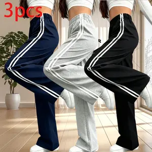 3-pack women’s spring/summer loose straight drawstring casual pants—versatile design for everyday wear and street style; wide-leg pants with pocket design and elastic waistband; comfortable to wear; suitable for daily wear, casual outings, and relaxing af