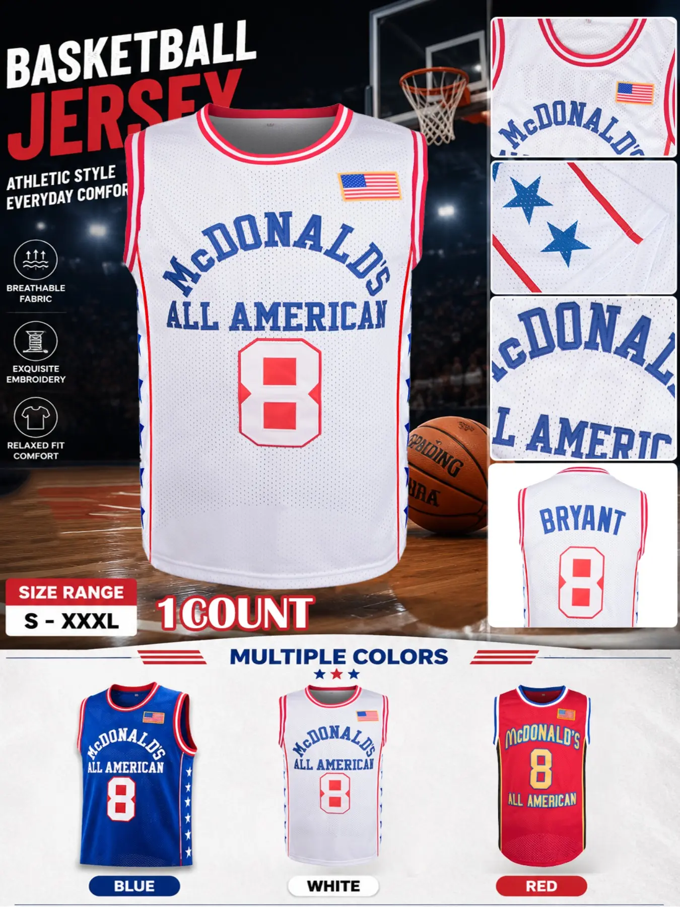 Men's Kobe Bryant & Letter Print Basketball Jersey, Star Jerseys, Loose Casual Breathable Sleeveless V Neck American Flag Basketball Vest, Basketball Jerseys for Men, Breathable Sports Jersey, Breathable Athletic Top, Breathable Sports Tops