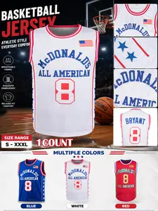 Men's Kobe Bryant & Letter Print Basketball Jersey, Loose Casual Breathable Sleeveless V Neck American Flag Basketball Vest, Basketball Jerseys for Men