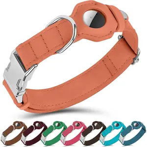 Leather Dog Collar with Airtag Holder - Non Breakaway Soft Adjustable Airtag Dog Collar with Metal Buckle - GPS Tracking Pet Collar for Small Dogs Puppy Cat (Peach, XXS, 8"-11" Neck Fit)