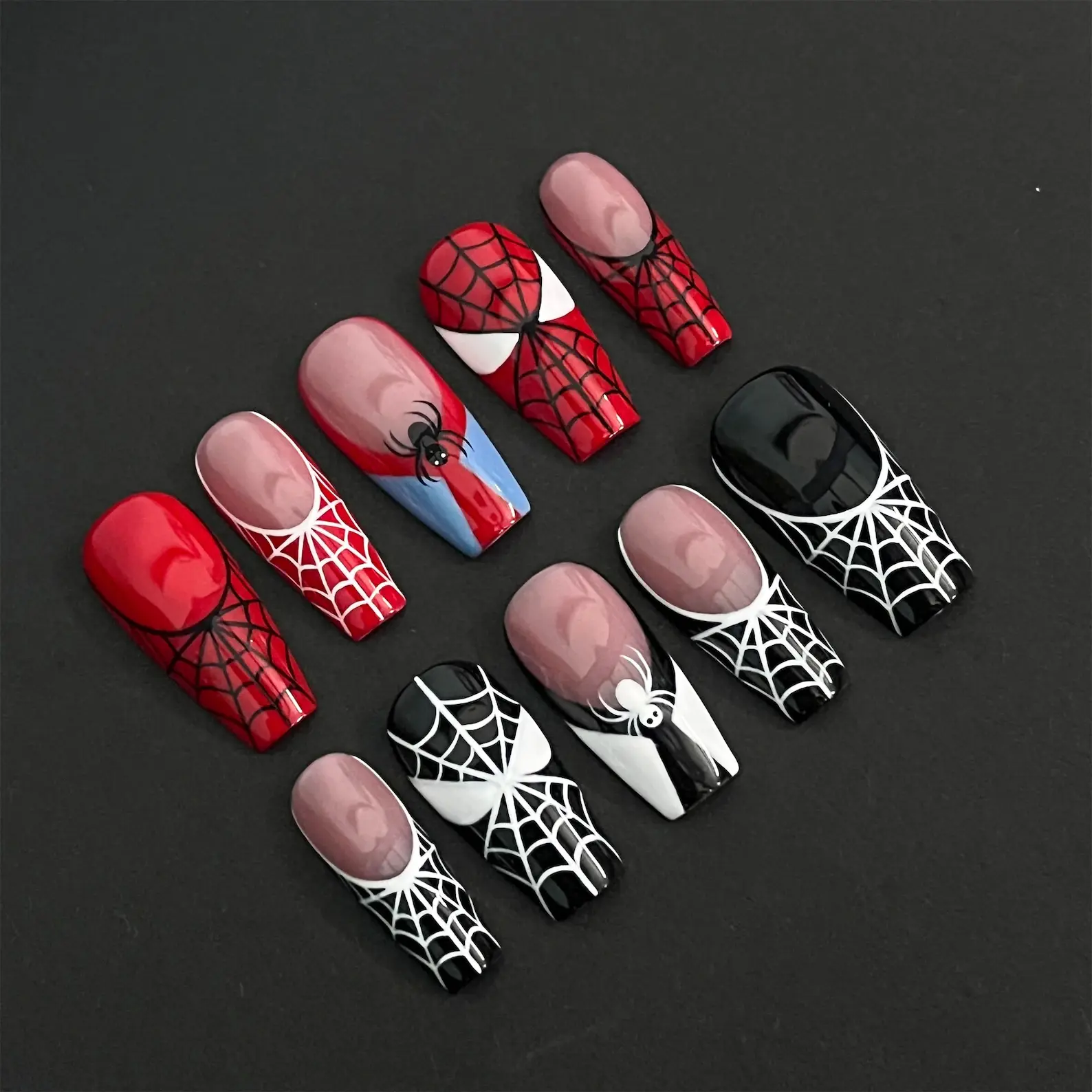 Black & Red Spider Web Long Coffin Halloween Press on Nails, Custom Fake Scary Night Nails, False Nails