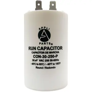Appli Parts Run Capacitor for electric motors 30 Mfd uF (microfarads) 250VAC Plastic Case with terminals CBB60 Round Universal fit water pumps and others 3-3/8 in High 1-3/4 in Wide CON-30-250-P