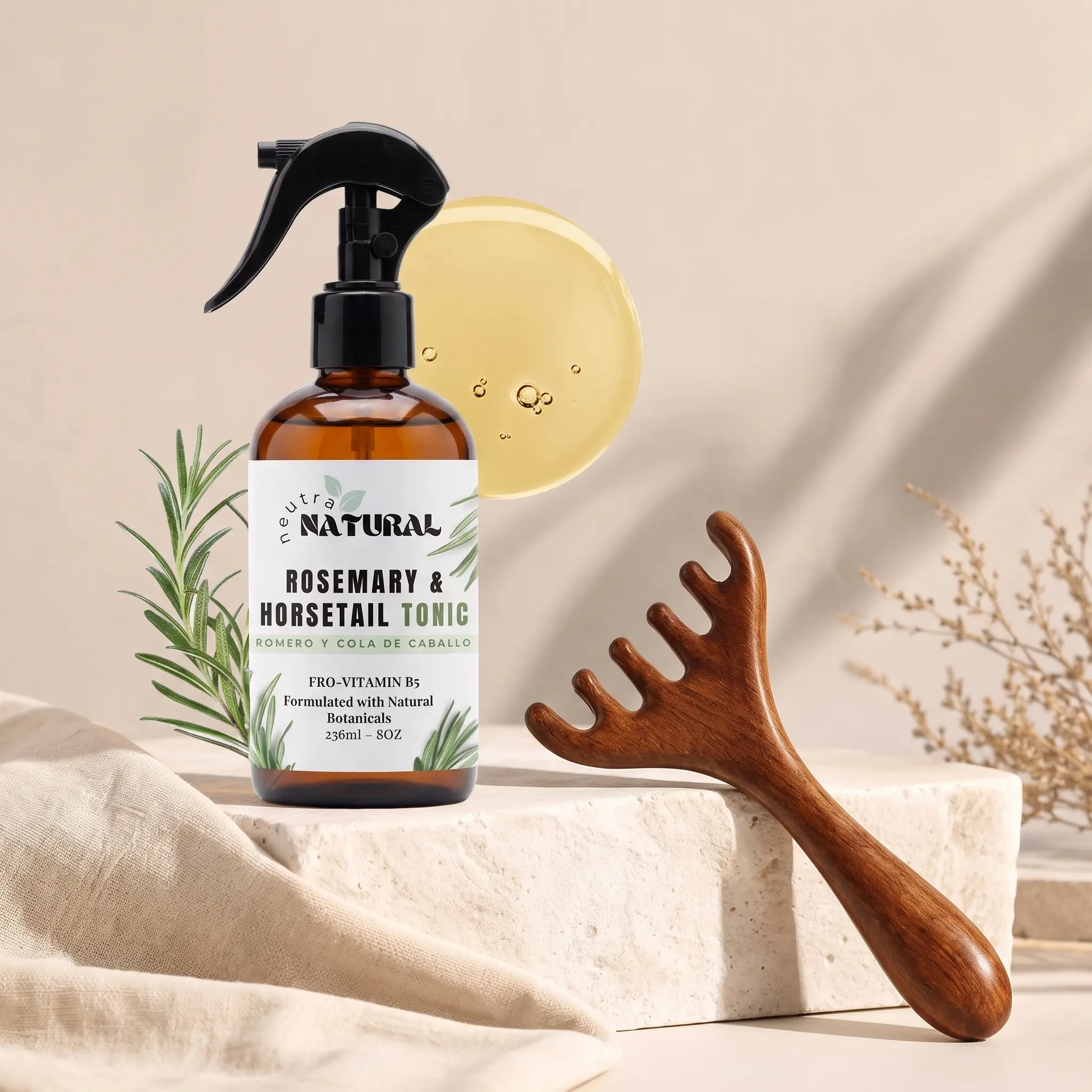 Neutra Natural Rosemary & Horsetail Scalp Care Duo | Scalp Tonic + Wooden Scalp Massager | Refresh & Nourish Hair Care Routine