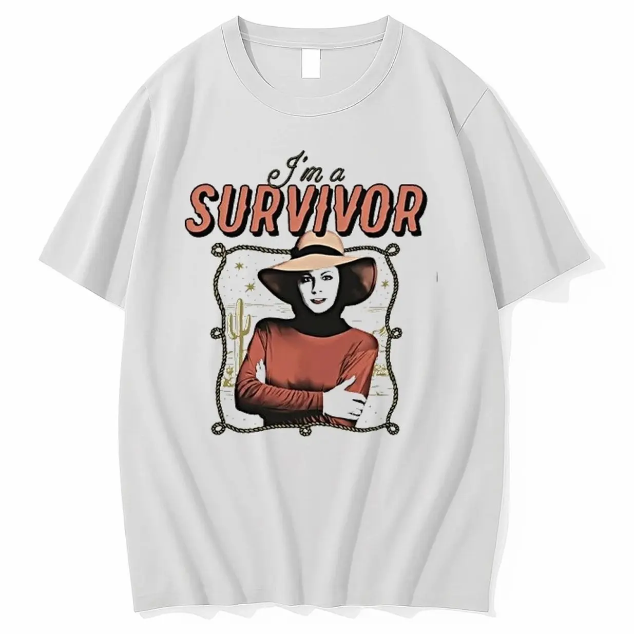Women's Soft Simple Style Graphic T-Shirt - Reba McEntire "I'm a Survivor" Western Desert Cactus Woman with Hat Print, Comfortable Casual Cotton Short-Sleeve Fitted Top (UW9)