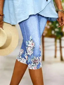 Women's High Elasticity Seven-Quarter Pants, Hawaiian Style, Knee-Length Mid-Waist, Printed Pattern, Breathable Soft, Casual Daily Wear