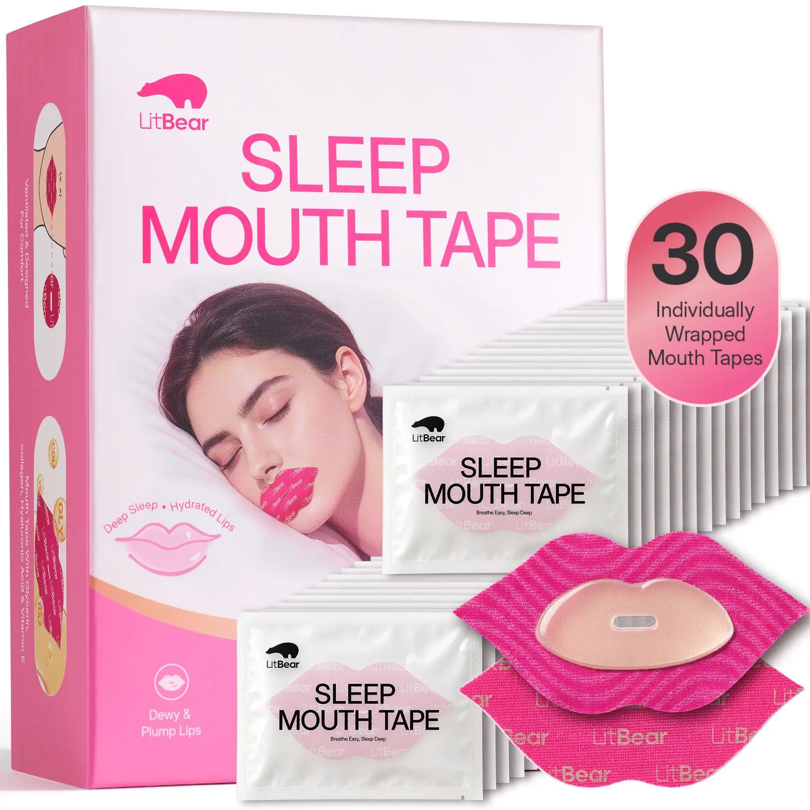 LitBear Hydrogel Sleep Mouth Tape - Lip-Shaped Design with Bigger Lip Area, Glycerin-Containing Gentle Tape for Women, Moisturizing Overnight Care, 30 Pieces