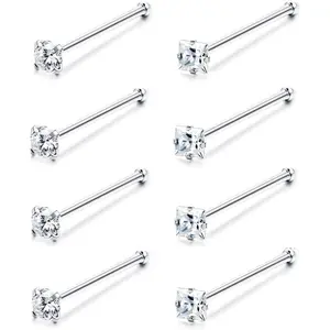 ZELORES 8PCS 20G 316L Safe Metal Unisex L-Shaped/Bone Nose Ring Studs - 2-3MM Round/Square Rhinestones, Daily Wear Nose Piercing Dainty Piercing Jewelry