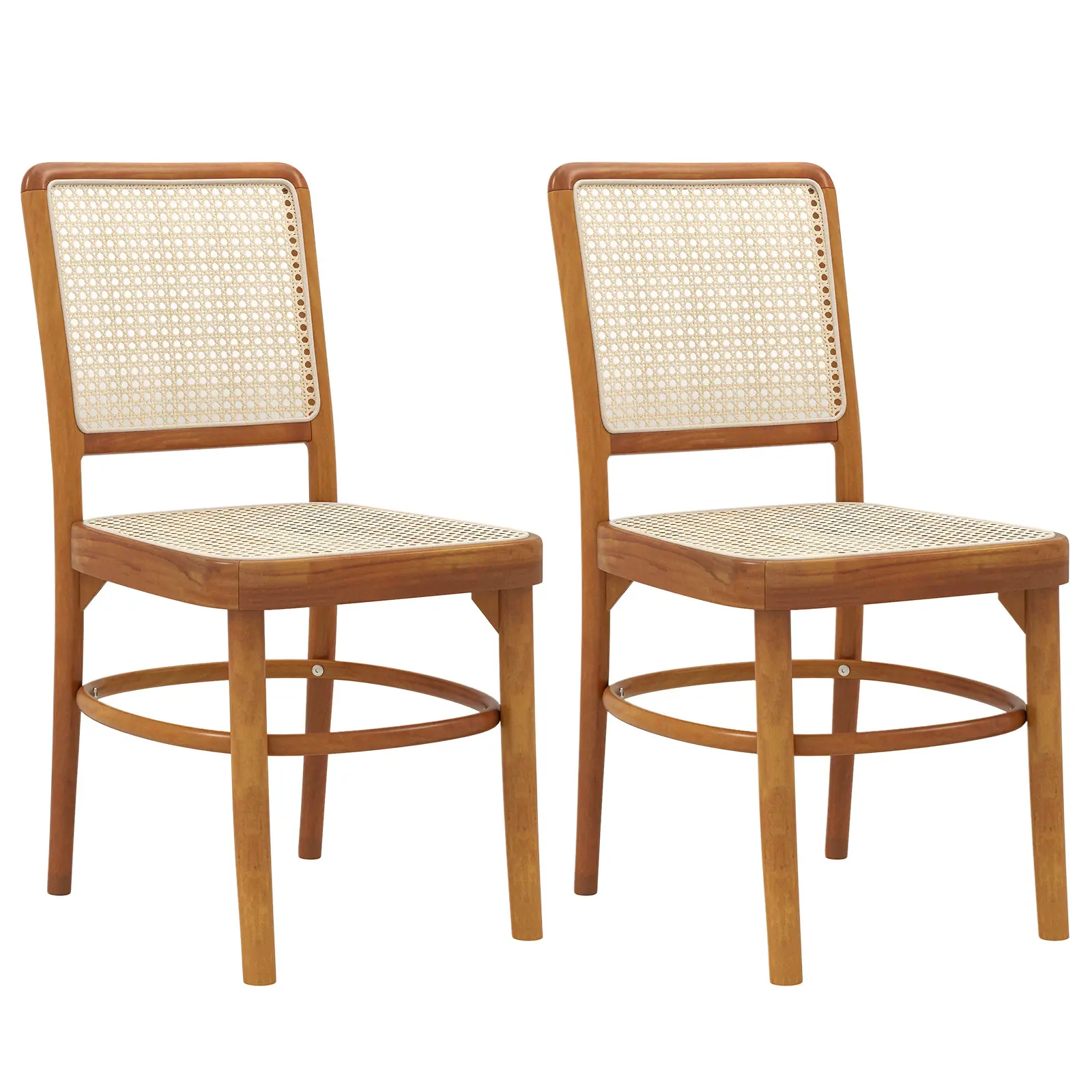 COSTWAY - Set of 2 Boho Dining Chairs Rattan with Teak Wood Structure and Footrests