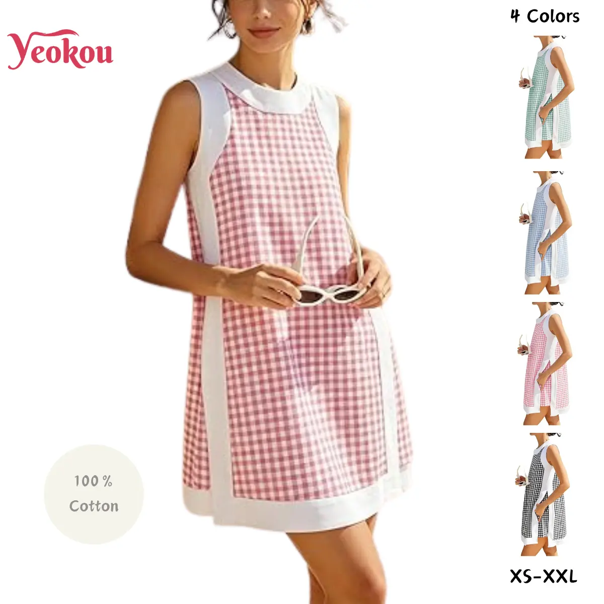 Yeokou Women's Gingham Plaid 2-Piece Casual Matching Set - Lightweight Stretchy Fabric, Round Neck Sleeveless Color Block Pullover Top, Pocketed Shorts, Cute Short Sets for Women 2 Piece, Trending, Women's Clothes