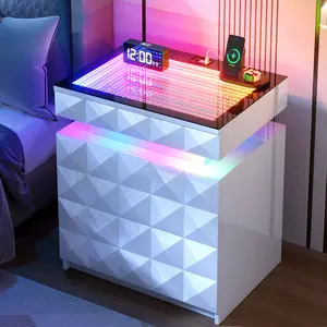 FREDEES  Night Stand with Charging Station and RGB Lights, LED Nightstand with Tempered Glass and Sliding Top, 3 Drawers Bedside Table with Hidden Storage, Lockable End Side Table for Bedroom, White