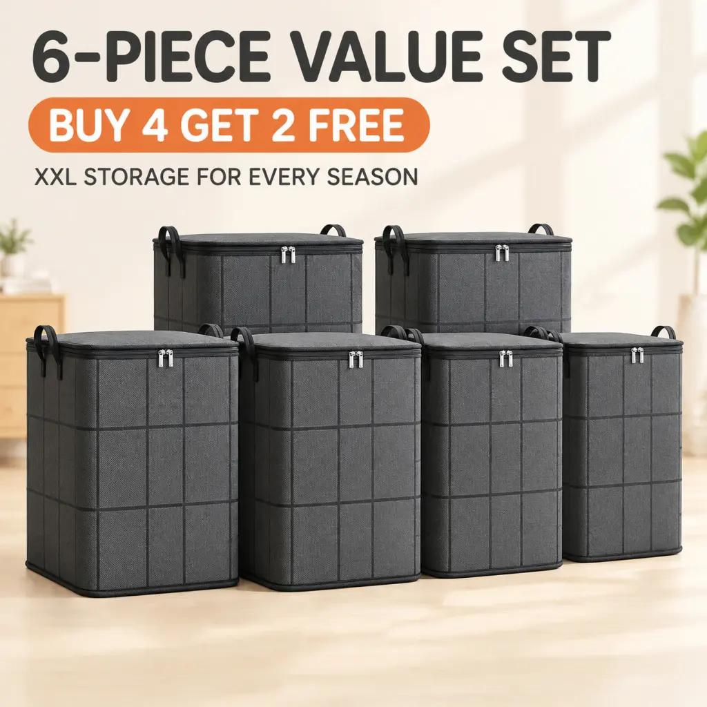 Buy 4 Get 2 Free! 180L XXL Foldable Storage Bags, Heavy-Duty Non-Woven Fabric, Reinforced Handles & Dual Zippers, Dust & Moisture Proof, Space Saver Organizer for Quilts Bedding Seasonal Clothes Moving Camping