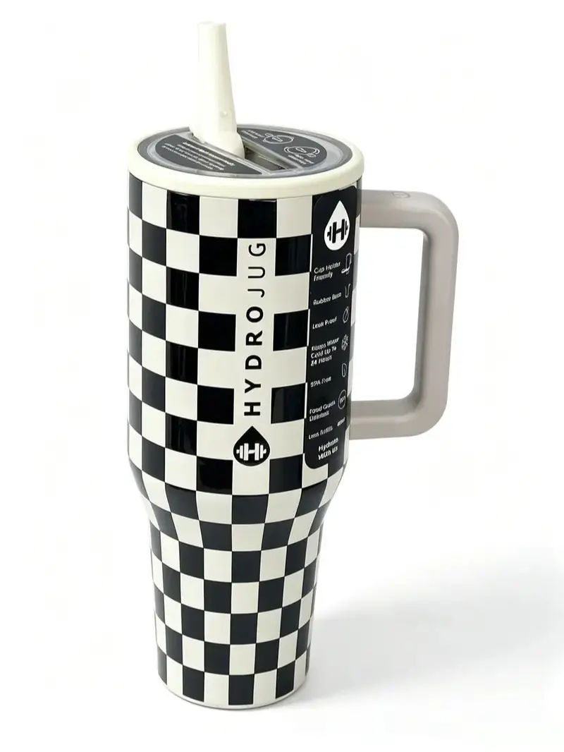 HydroJug 40oz Stainless Steel Vacuum-Insulated Chic Checkerboard Tumbler Flask - Black & White, Leak-Proof Screw-Top Lid, Straw Lid, Convenient Carry Handle, Ideal for Commute, Workouts