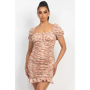 Puff Sleeve Ruched Floral Print Smocking Back Mini Dress