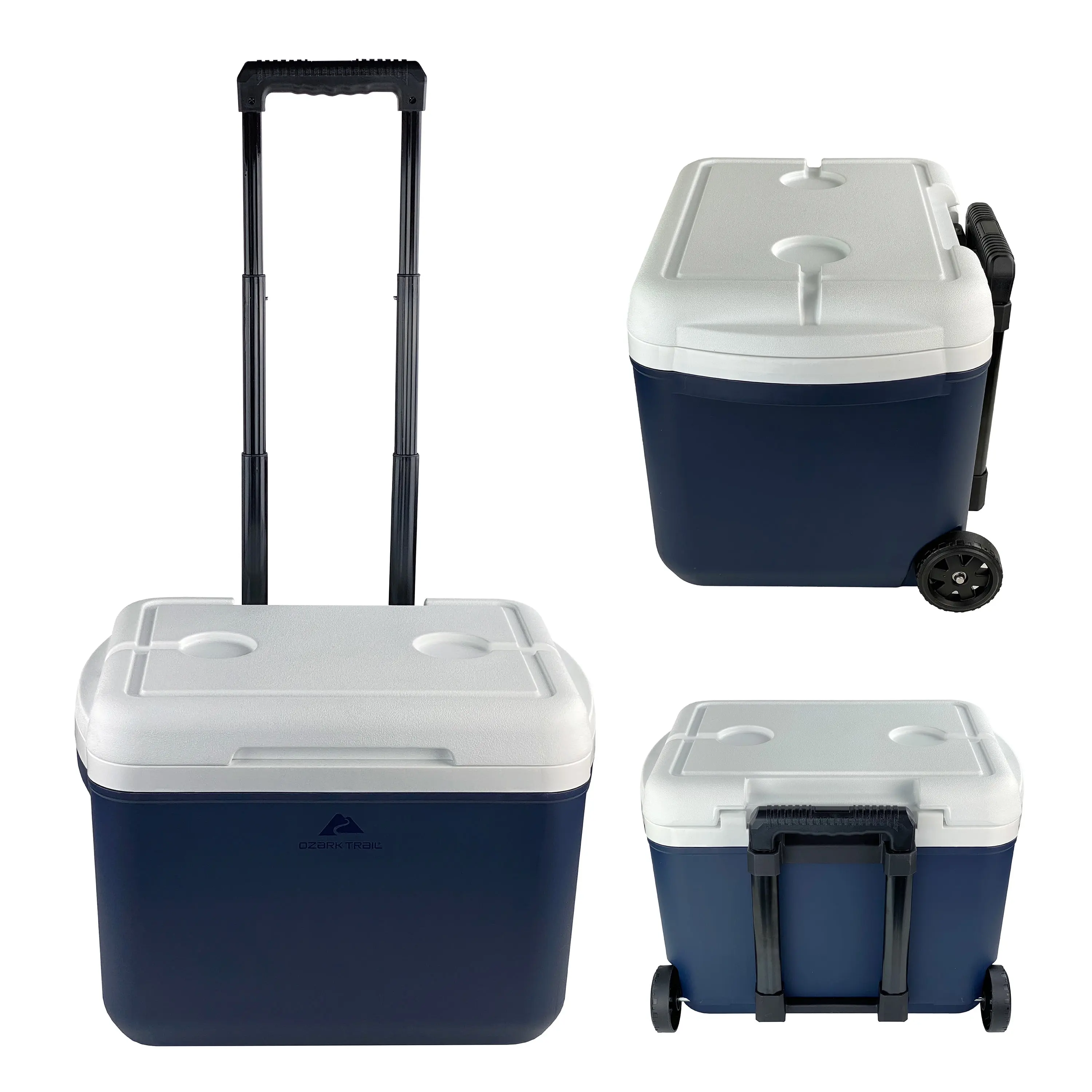 Ozark Trail 30 qt Hard-Sided Portable Rolling Cooler with Wheels, 42-Can Large Family Size, Telescoping Handle, Cup Holders, Durable Blue Design, Cold Storage Outdoor Camping Supplies, Maintains Freshness for Sports and Leisure