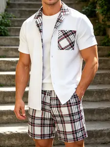 Men's White & Plaid 2-Piece Loungewear Set Homewear - Short Sleeve Camp Collar Button-Up Shirt with Plaid Detail & Drawstring Shorts, Ultra-Soft Breathable Fabric, Relaxed Fit for At-Home Lounging, Indoor Wear & Lazy Weekends, Pajama Set