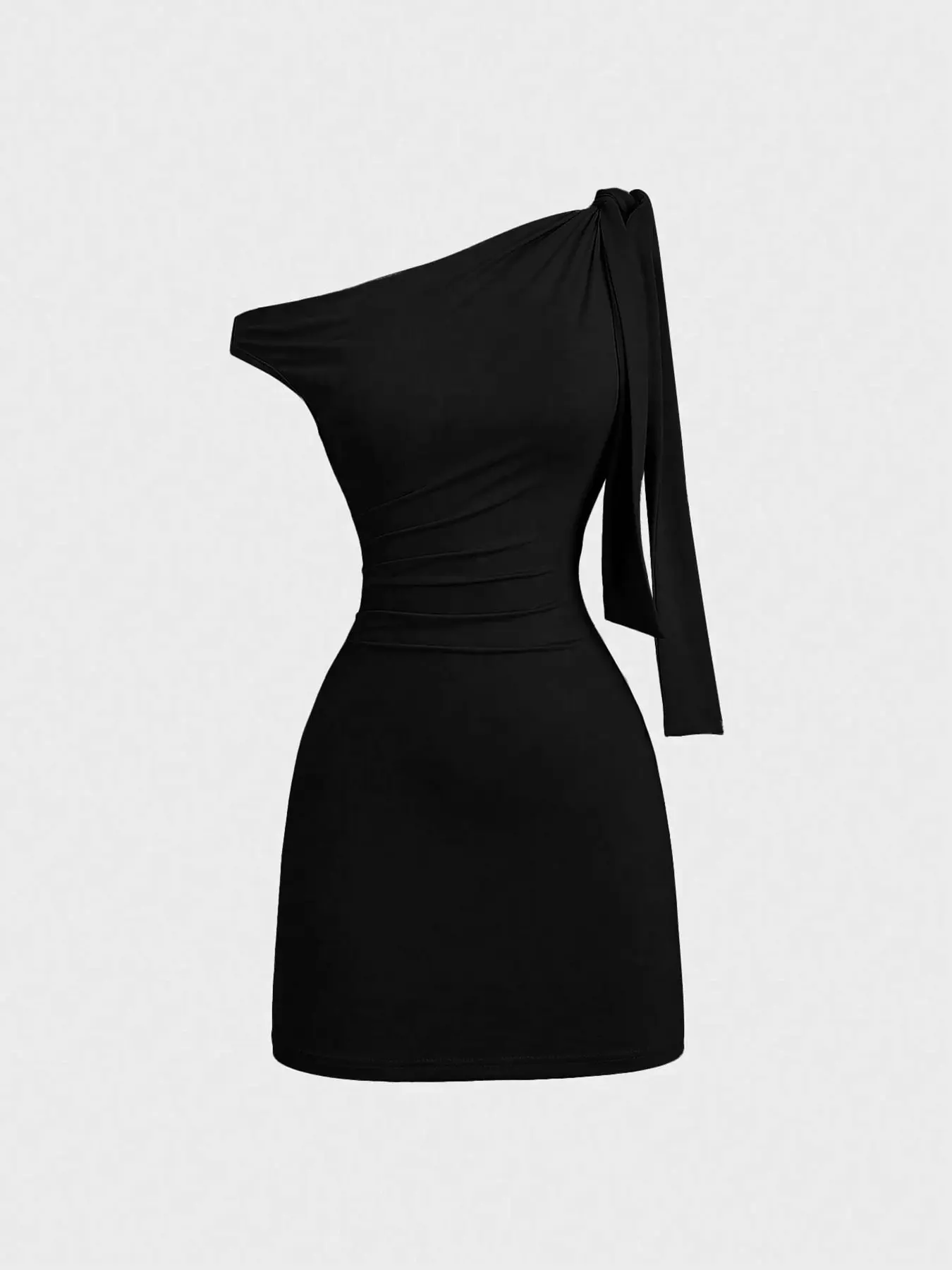 1 Piece Women One Shoulder Adjustable Tie Detail Ruched Slim Mini Dress No Necklace