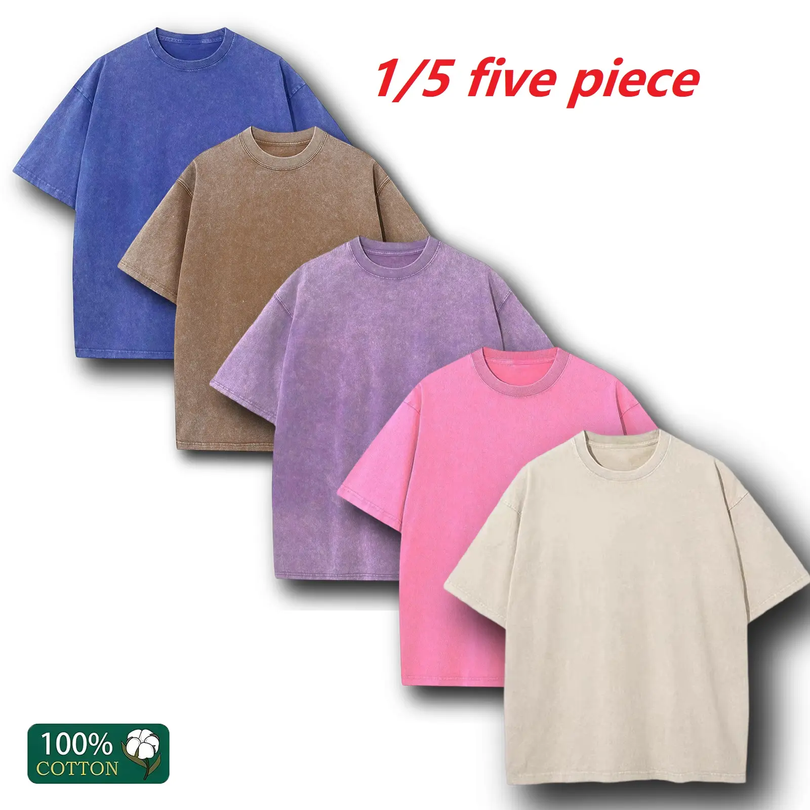 Men's Heavyweight Cotton Vintage Acid Wash Oversized Gym Tops - 1/5 Pack Round Neck Distressed Gymwear Tee, Soft Natural Vibe Sweatshirts for Casual, Sports Use, Outfits, Shortsleeve