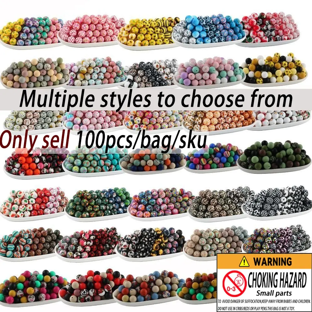 100pcs Christmas Halloween Silicone Printed Beads Set, Bead Assortment, Beading Supplies, 15mm Round Beads for Keychains Pendants DIY Jewelry Making Crafts