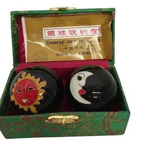 THY ARTS Baoding Metal Balls, Cloisonne Paint Jingle Sound Chinese Manual Massage Tools for Stress Relief & Body Care - Black Moon & Sun #3