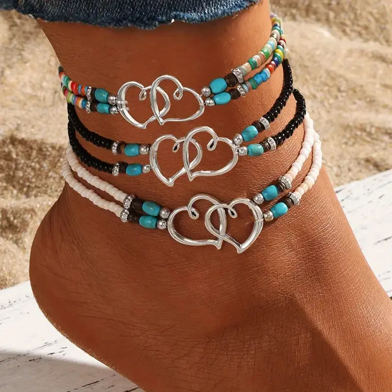 3Pcs Boho Beaded Heart Charm Anklet Set, Double-Layer Multilayer Foot Jewelry for Women, Exquisite Chic, Great Summer, Beach Wedding & Party Gift