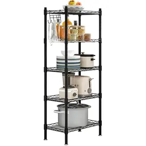 5-Tier Metal Storage Rack Organizer for Kitchen Laundry Garage Bathroom Pantry Closet Office 16.54"Wx11.81"Dx50"H Black Reinforced Iron Pipe Spider Mesh Design Durable Rust-Proof Coating Adjustable Feet & Hooks Easy Assembly Shelf Shelf