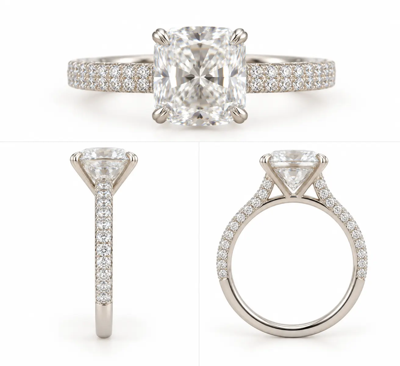 4.05 CT Elongated Cushion Lab-Grown Diamond Pavé Engagement Ring – 14K White Gold – F VS2 – IGI Certified