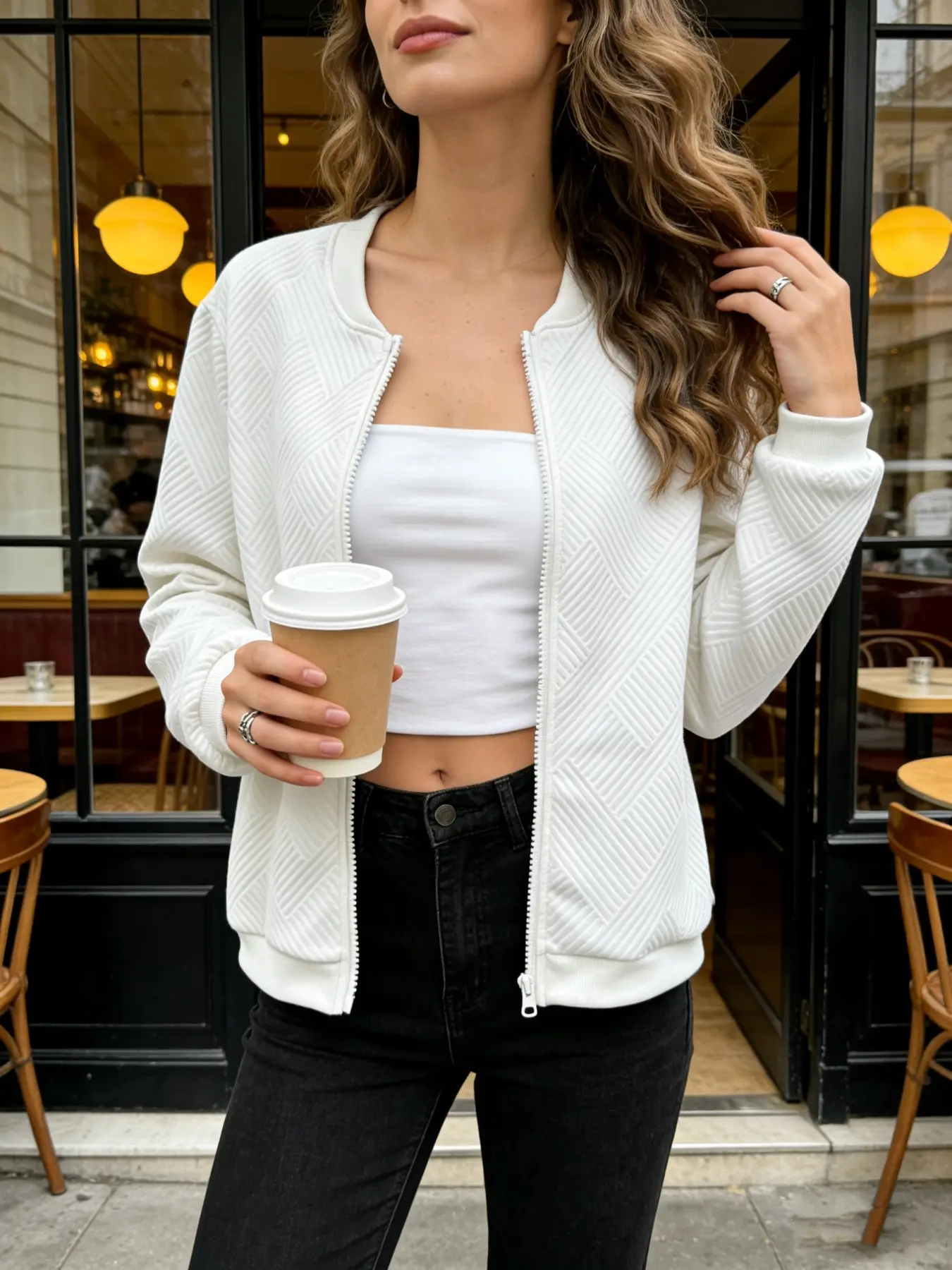 Women's Casual Fashion Jacket, Textured Fabric, Precision Craftsmanship, Baseball Collar, Long Sleeve, Zipper Front, Perfect for Outdoors, Vacation, Parties, Coats, Outerwear, Womenswear, Lady, Tops
