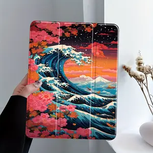 Japanese Ukiyo-e Wave Sakura Design iPad Case, Tablet Accessories, Tablet Protective Cover, Tablet Casing, Transparent Acrylic Back With Pencil Slot, Suitable for iPad models, Scratch-resistant Ultra-thin, Shock-resistant, Suitable for office, home