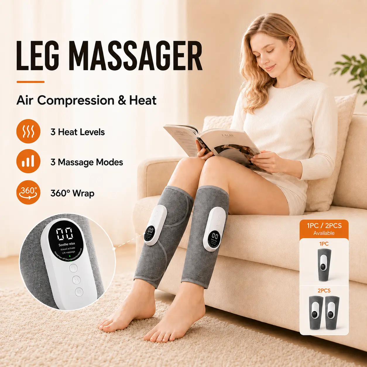 Heated cordless air compression calf massager set of two