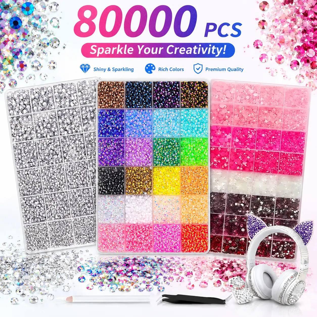 3-Boxes 80-Grids 33-Colors 3 mm Trendy Nail-Bedazzling Rhinestones Kit, AB Iridescent Crystal Rhinestones, Semi-Circular Flat-Back Resin Diamond Decorations for DIY Nails, Birthday and Holiday Ornaments, Nail Art Supplies