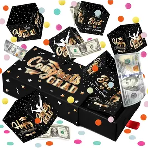 2026 Graduation Surprise Gift Box Explosion for Money - 10 Pcs Grad Pop Out Folding Bounce Money Gift Box with Confetti - Cash Gift Idea for Grad - Graduation Money Bank Party Supply (Black Gold)