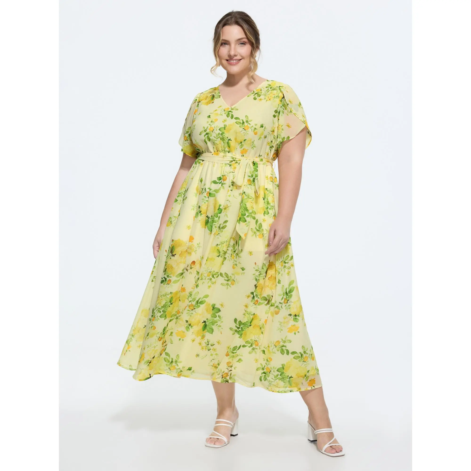 BloomChic Plus Size Women's Ditsy Floral Cap Sleeve Midi Dress, Romantic Yellow Polyester Garment for Casual Wear with a Lace-Up Waist Tie, Cold Wash, Curvy Dresses Plus Size, Low Iron, Going Out, 14-16/1X