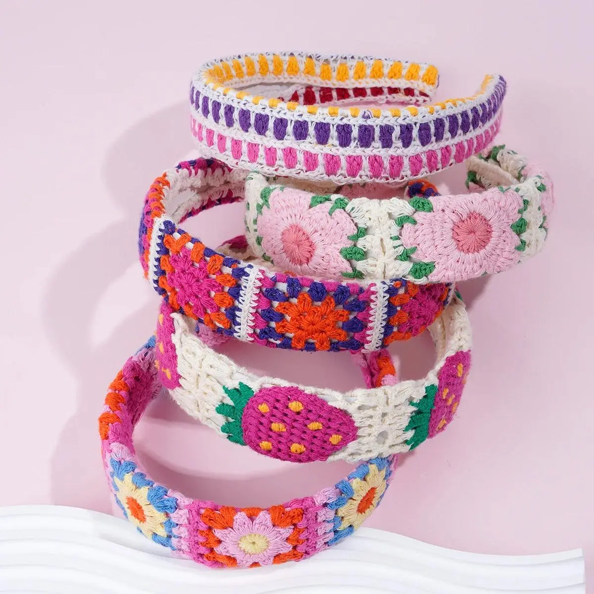Women's Boho Floral Crochet Headband - Handmade Knitted Female Hair Accessory with Flower Motifs, Metal Accents for Summer Beach Vacations, Affordable Fashion Item