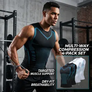 [Elite 4-Piece Set] Men's Multi-Directional Stretch Compression Tank Top - Muscle Support Tank Top - Quick-Dry Breathable Crew Neck Workout Base Layer - Value Pack  Ideal for Gym and Running