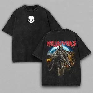 Helldivers 2 Skull Game Washed Tshirt Oversize 2 Sided Cotton unisex  game movie merch Streetwear helldivers shirts men