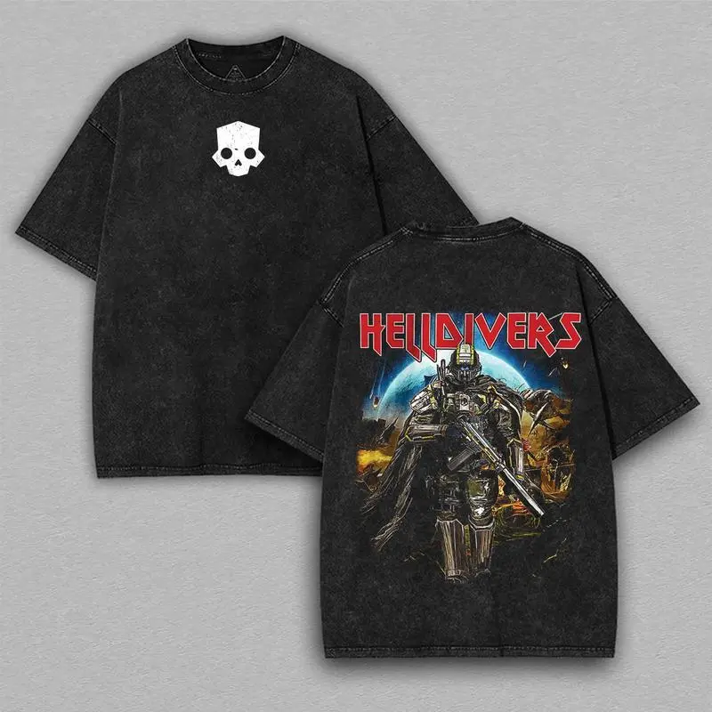 Men's Helldivers 2 Skull Oversize 2-Sided Cotton Top, Casual Short-Sleeve Distressed Festive Unisex Game Merch Streetwear T-Shirt, Shortsleeve
