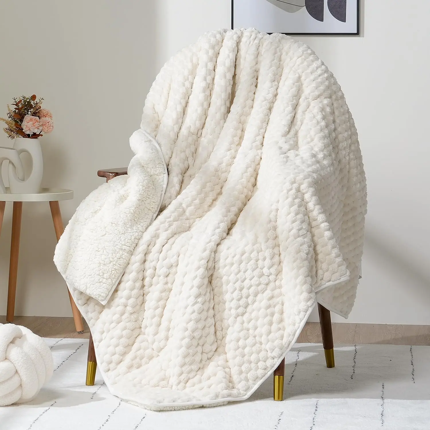 Fleece Weighted Blanket for Adults (48" x 72" 12lbs, Cream White), Dual Sided Cozy Soft Sherpa Heavy Blanket, 3D Imitation Turtle Shell Warm Jacquard Flannel Weighted Blankets for Couch and Bed