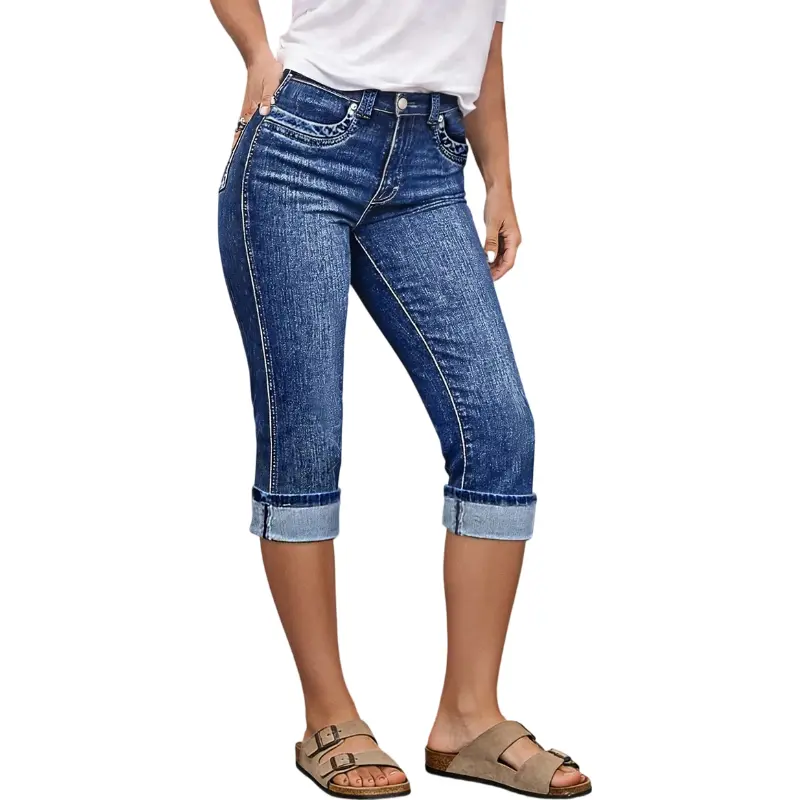 Flamingals Wash Roll Hem Mid Rise Capri Skinny Jeans Stretchy 18.5'' Inseam