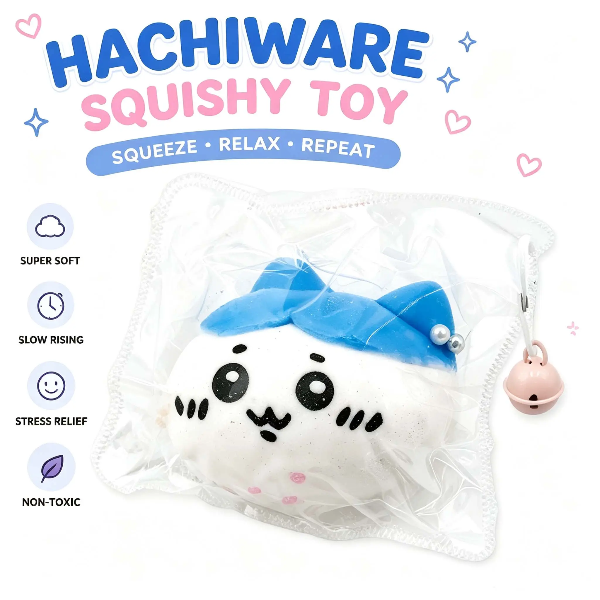 Hachiware Squishy Toy, Cute Kawaii Stress Relief Fidget Toy, Soft Slow Rising Squeeze Toy for Kids & Adults, Fun Desk Decor Gift