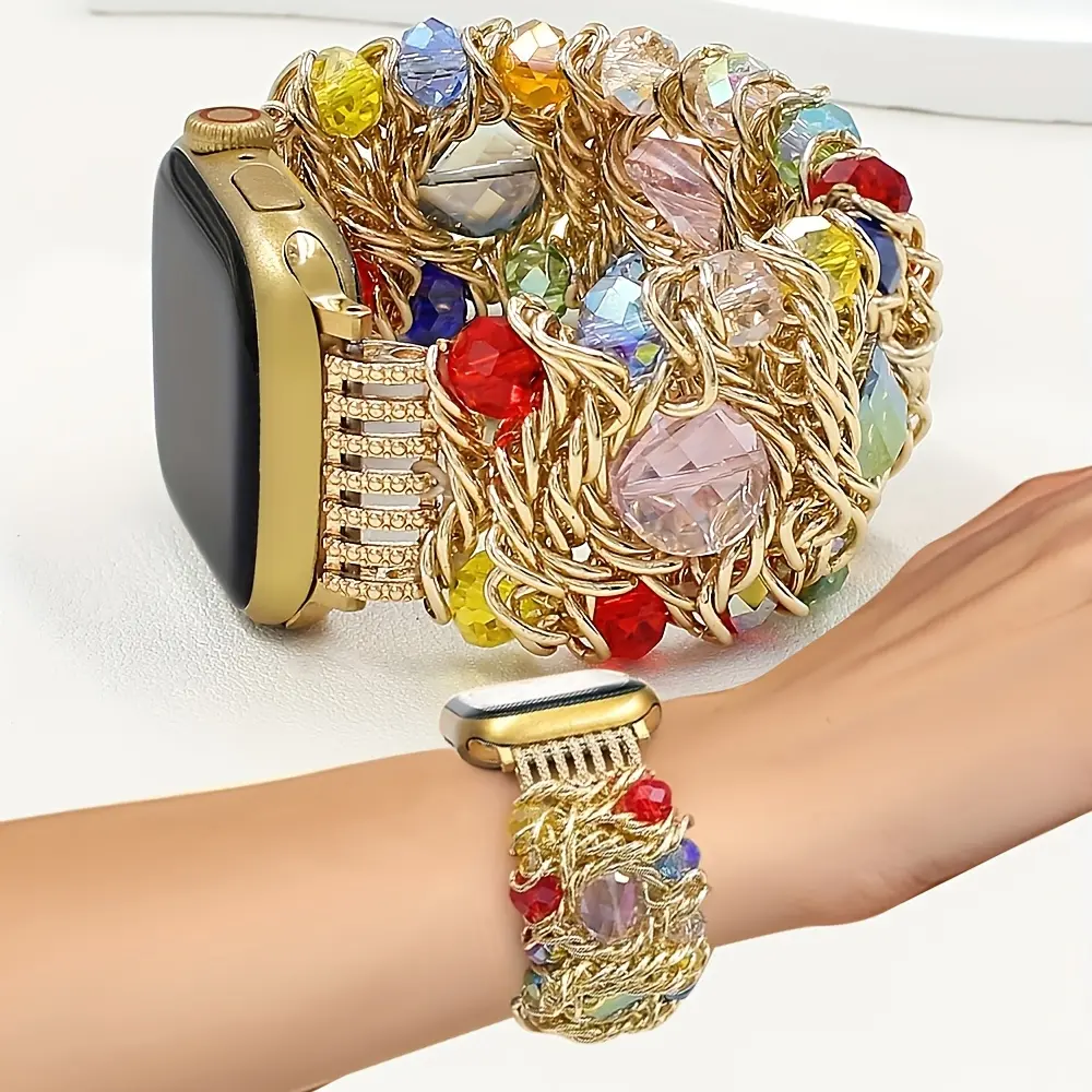 Women's Fashion Colorful Glass Bead Metal Bracelet Strap Compatible with Apple Watch Band 38/40/41/42/44/45/49/(S10 42)/(S10 46)Mm, Luxury Bohemian Style Elastic Band, Compatible with Iwatch Series 11 Ultra 3 SE3 Ultra 2 S10 SE2 9 8 7 6 5