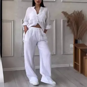 Casual and Comfortable! Solid Color Linen Cotton Shirt with Drawstring Wide Leg Pants Set