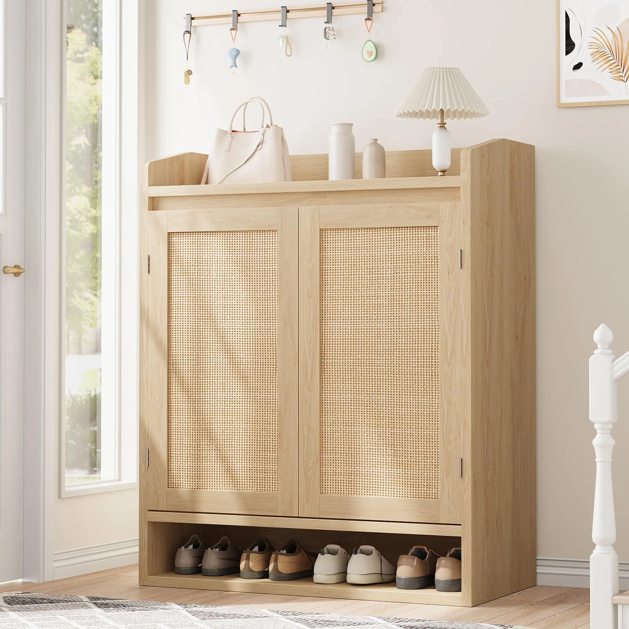 Sturdy 31.5" Width Freestanding Waterproof Oak Rattan Shoe Storage Cabinet - Modern Boho Dustproof Organizer with Adjustable Shelves for Family Entryway, Keeps Footwear Protected