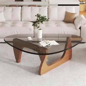 Modern Glass Coffee Table 35.8" x 25.6" x 15.7" Mid Century Design Walnut Base Sleek for Bedroom Living Room Office Tables Contemporary Style Easy Assembly