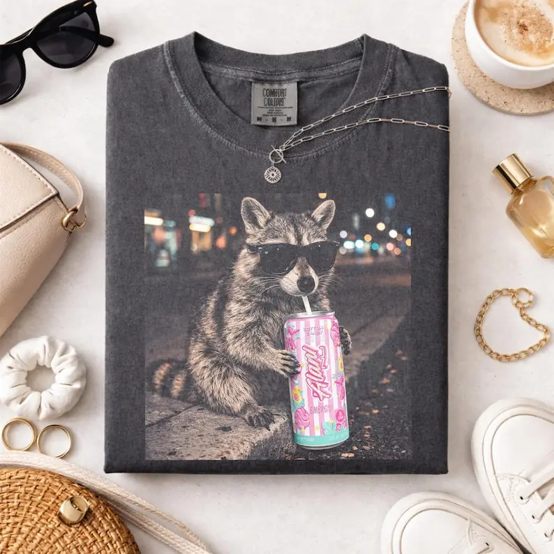 Comfort Colors Raccoon Cotton Candy Drink Graphic T Shirt, Fun Animal Lover TShirt, Vintage Raccoons T-Shirt, Funny Meme Genz Dank Raccoons Graphic Tee Gift