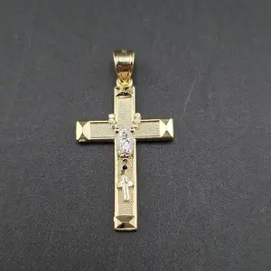 Gold 14k Pendant Cross Design for Everyday Wear with Intricate Textured Surface and Central Religious Icon