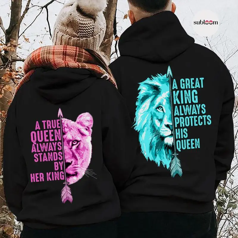 King & Queen Matching Hoodies for Couples, Sporty Knitted Cotton Tops, Unisex Long Sleeve Soft Breathable Pullover Sweatshirts