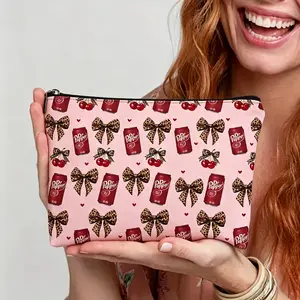 Dr Pepper Leopard Bow Makeup Bag, Cute Cherry Dr Pepper Cosmetic Pouch, Dr Pepper Lover Gift For Women, Travel Toiletry Bag, Y2K Aesthetic Accessory, Travel Zipper Bag, Perfect Mother’s Day Gift for Mom, Daughter, Sisters , Friend, Teen Girl