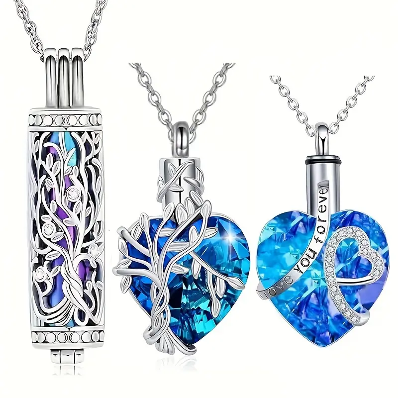 3pcs Cremation Urn Necklace For Ashes Tree Of Life Cylinder Cremation Jewelry Crystal Heart Urn Necklace Hummingbird Memorial Urn Pendant For Women Men Loved Ones tarnish proof