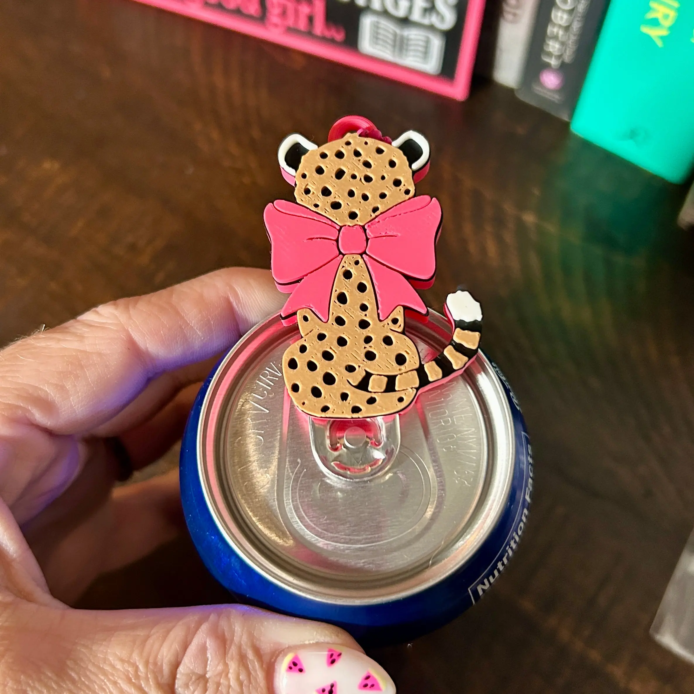 Cheetah Nail Saver Pop Tab Keychain with Pink Bow