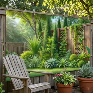 2D Flat Banner, Wall Hanging Backdrop, 1pc, Vibrant Nature Landscape Background, Lush Plants Wrapped Around a Wooden Fence, Multiple Sizes of Material, Suitable for Family Gatherings, Weddings, Christmas, Entryway, Garden Decoration